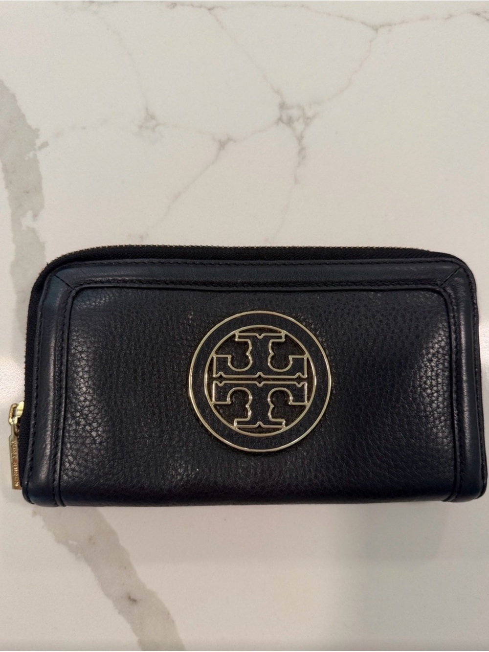 Tory Burch Black Leather Zip Card Holder with Gold Logo